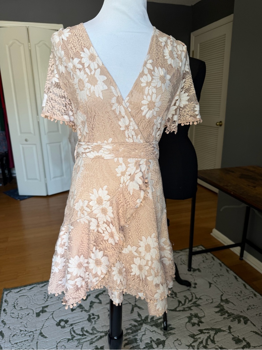 Women's Floral Lace Wrap Dress in Blush with White Floral Accents